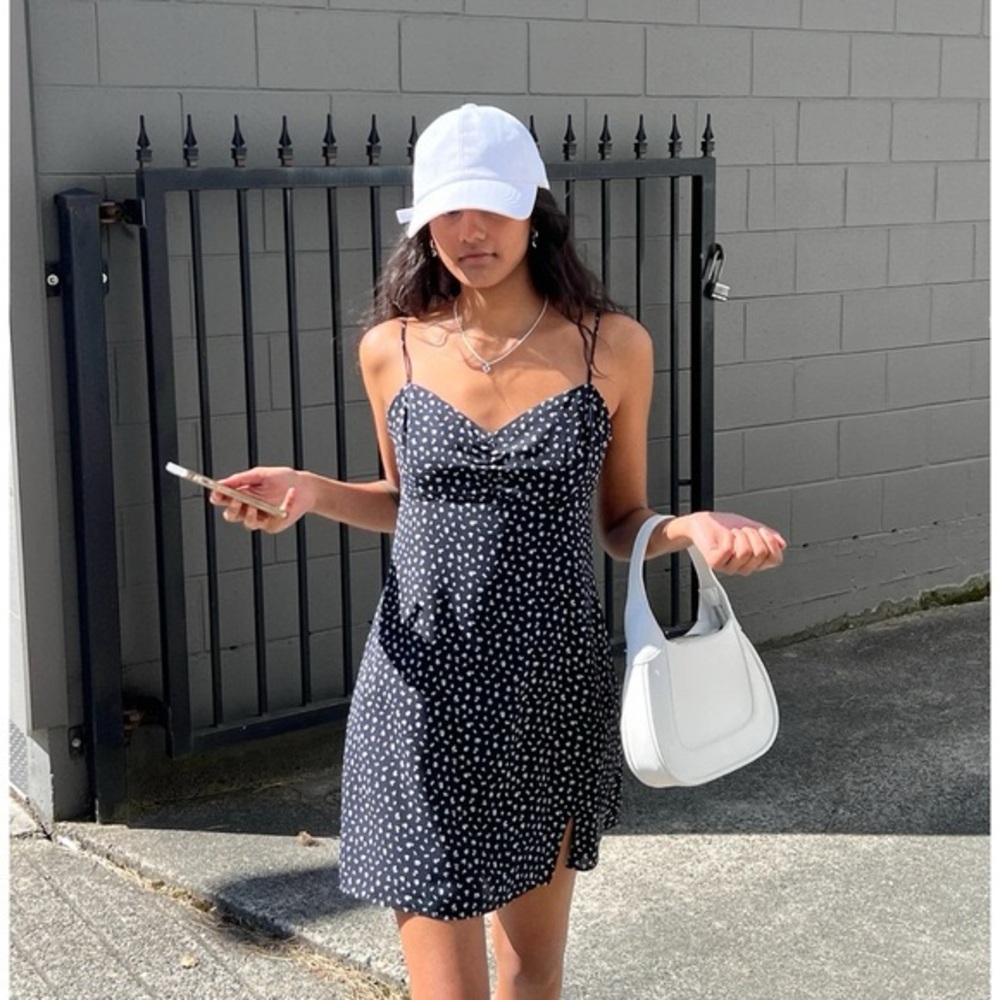 OAK + FORT Black and White Floral Sweetheart Mini Dress in XS